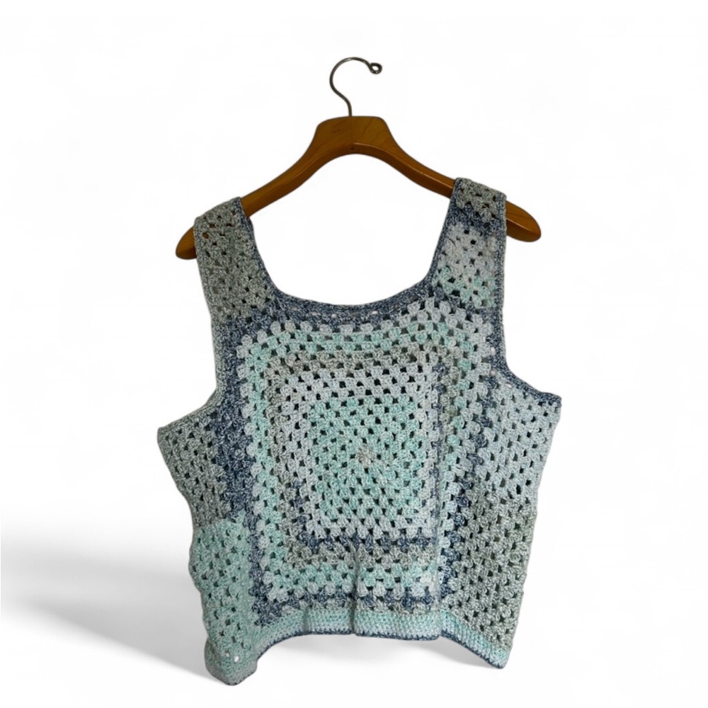 Crochet Patterned Blue and Green Women's Top